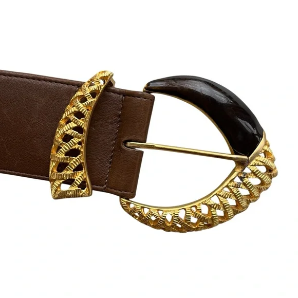 Carlisle Womens Size Medium Brown Leather Gold Black Horn Buckle Waist Belt 1665 - Picture 2 of 13